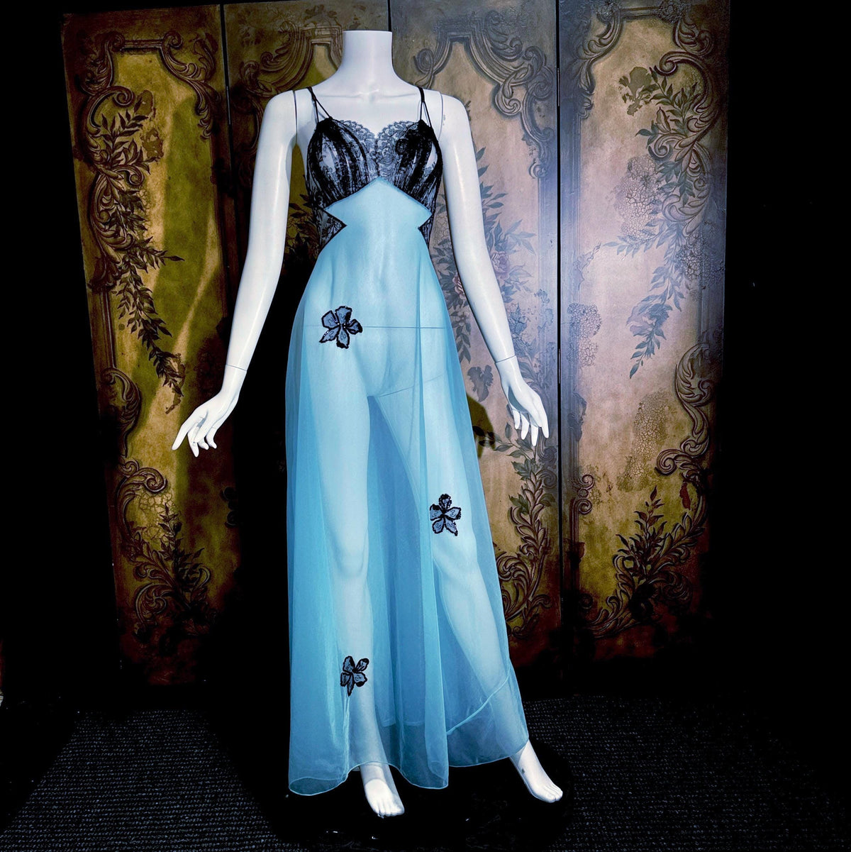Vintage LUCIE ANN nightgown robe set, 1950s Totally Sheer blue and black peignoir lingerie slip dress