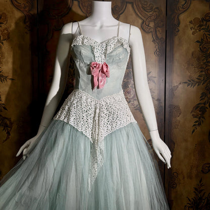 vintage 1950s Cupcake Ball Gown, COTILLION Dusty Blue Formal Evening Prom dress