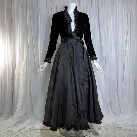 vintage evening dress gown, ALBERT CAPRARO 1970s Velvet and taffeta wrap ruffled ball gown