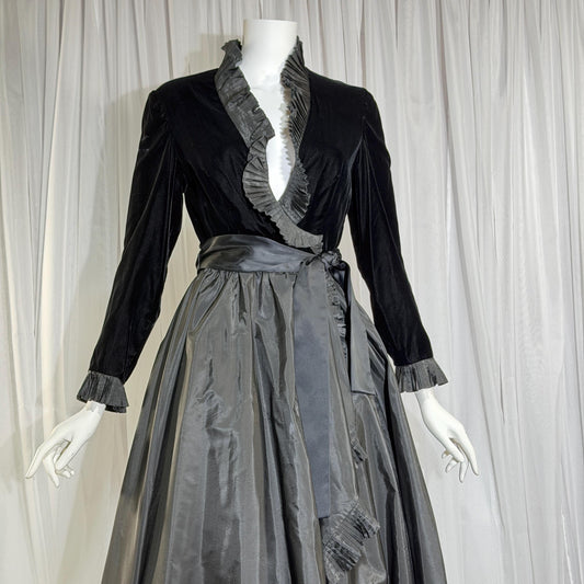 vintage evening dress gown, ALBERT CAPRARO 1970s Velvet and taffeta wrap ruffled ball gown