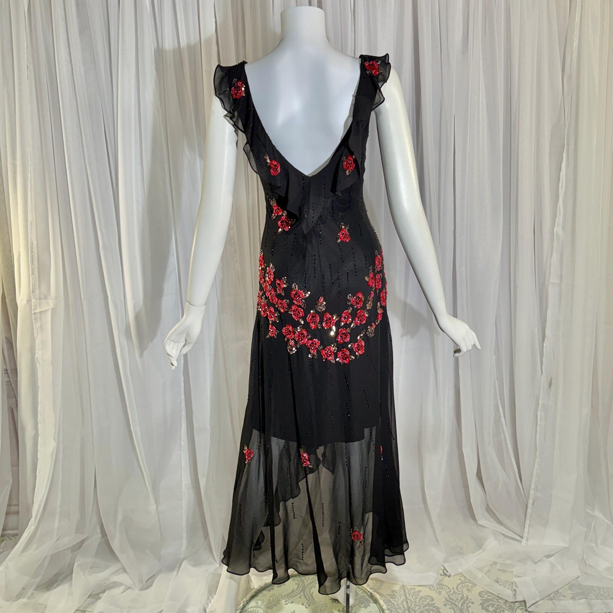 Vintage 1990s SUE WONG Slip Dress, Black silk red beaded high low sheath gown