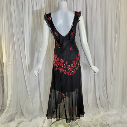 Vintage 1990s SUE WONG Slip Dress, Black silk red beaded high low sheath gown
