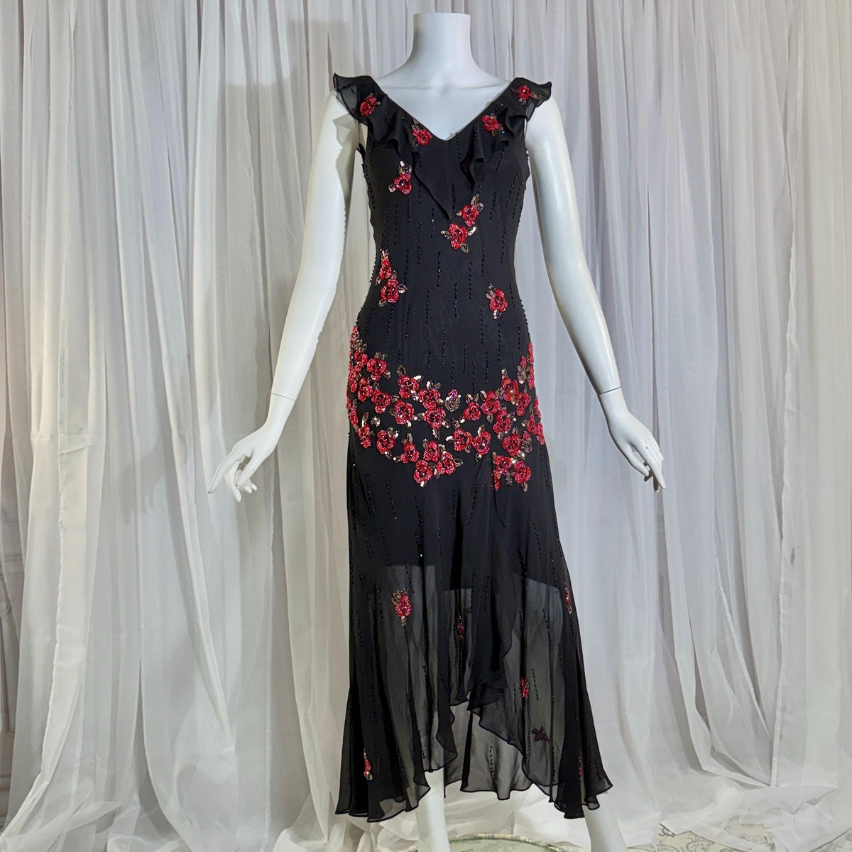 Vintage 1990s SUE WONG Slip Dress, Black silk red beaded high low sheath gown