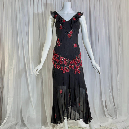 Vintage 1990s SUE WONG Slip Dress, Black silk red beaded high low sheath gown