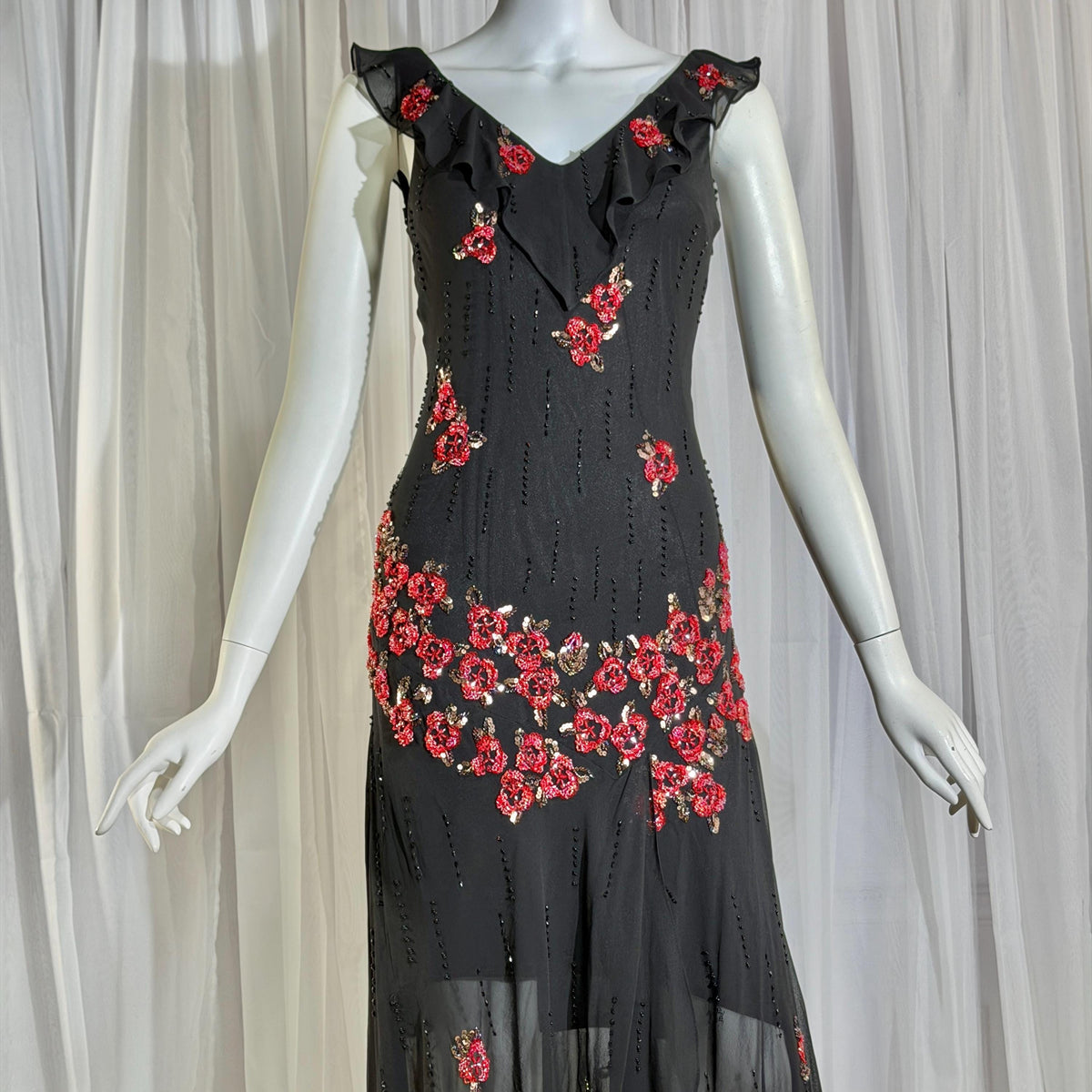 Vintage 1990s SUE WONG Slip Dress, Black silk red beaded high low sheath gown