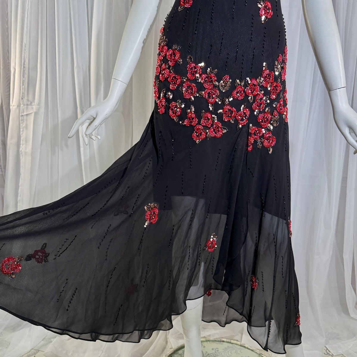 Vintage 1990s SUE WONG Slip Dress, Black silk red beaded high low sheath gown