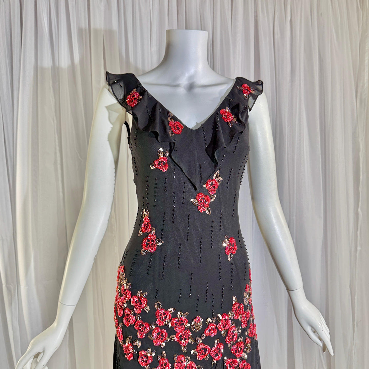 Vintage 1990s SUE WONG Slip Dress, Black silk red beaded high low sheath gown