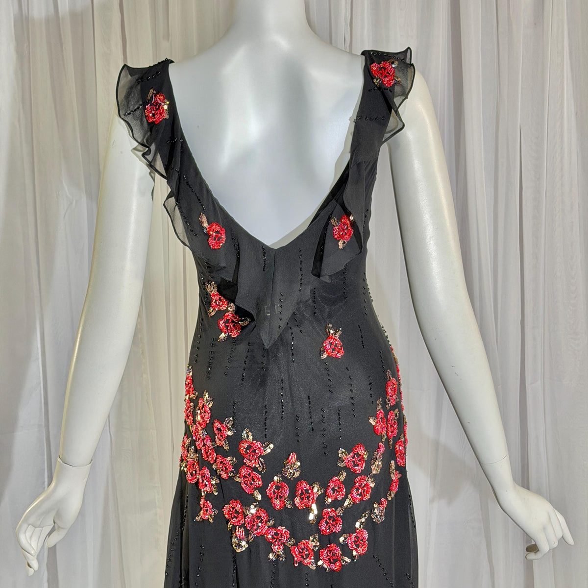 Vintage 1990s SUE WONG Slip Dress, Black silk red beaded high low sheath gown