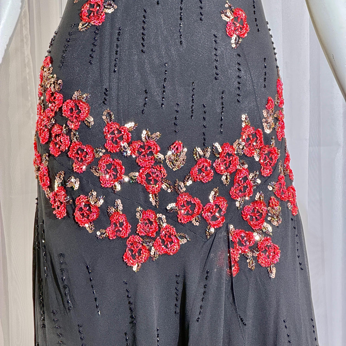 Vintage 1990s SUE WONG Slip Dress, Black silk red beaded high low sheath gown