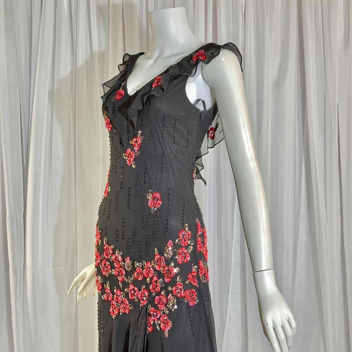 Vintage 1990s SUE WONG Slip Dress, Black silk red beaded high low sheath gown