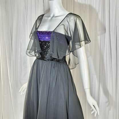JEAN VARON, Made in England, vintage 1970s sequin and chiffon scarf evening dress