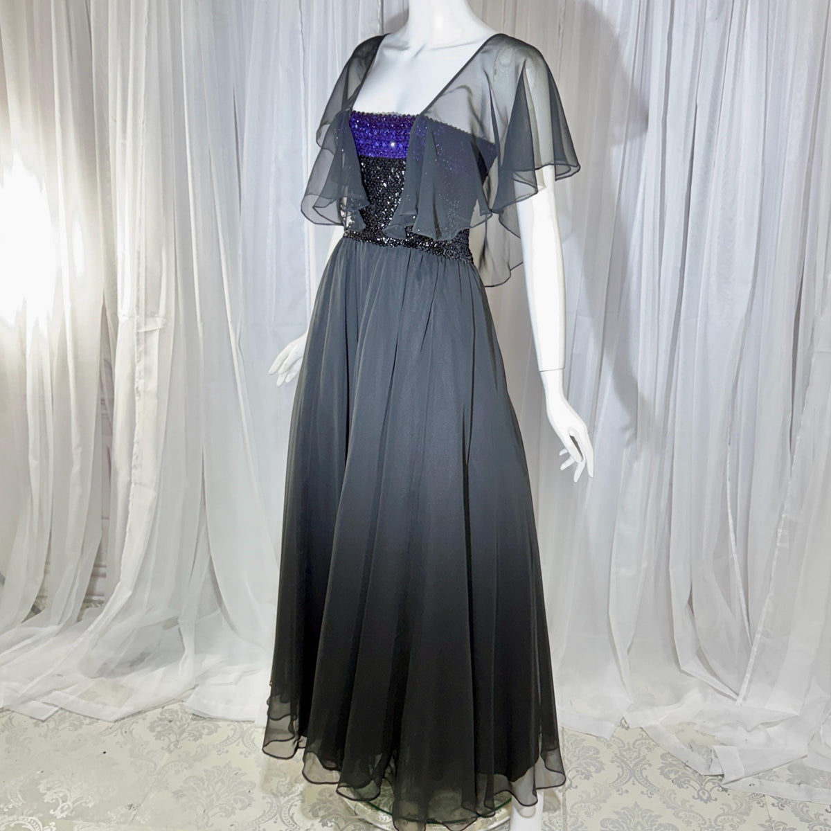 JEAN VARON, Made in England, vintage 1970s sequin and chiffon scarf evening dress