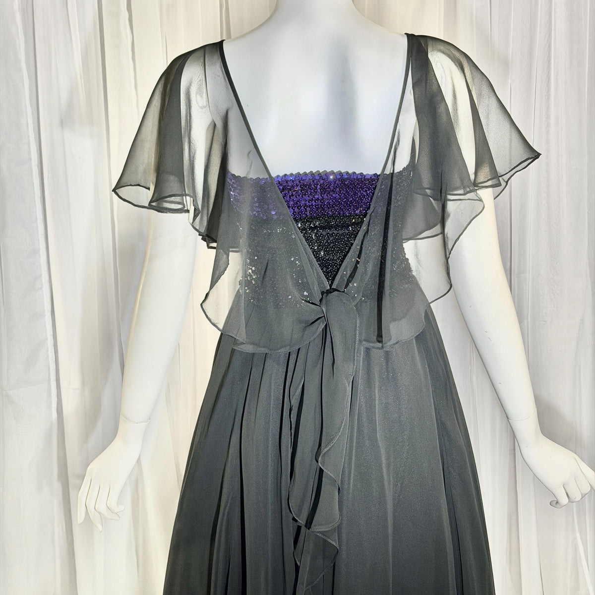 JEAN VARON, Made in England, vintage 1970s sequin and chiffon scarf evening dress