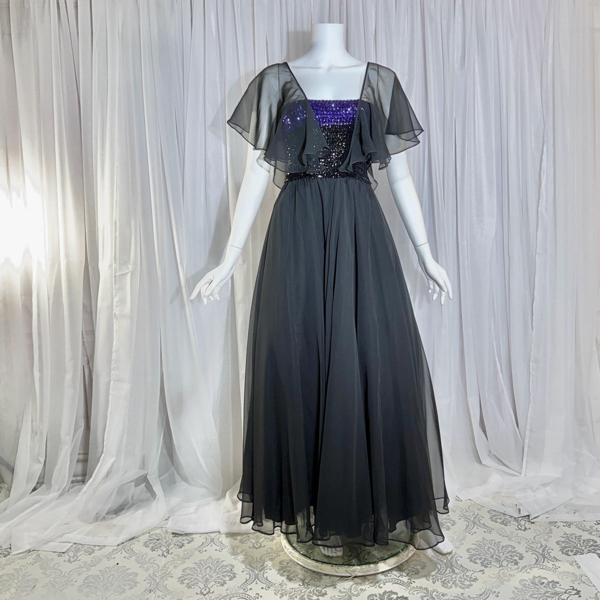 JEAN VARON, Made in England, vintage 1970s sequin and chiffon scarf evening dress