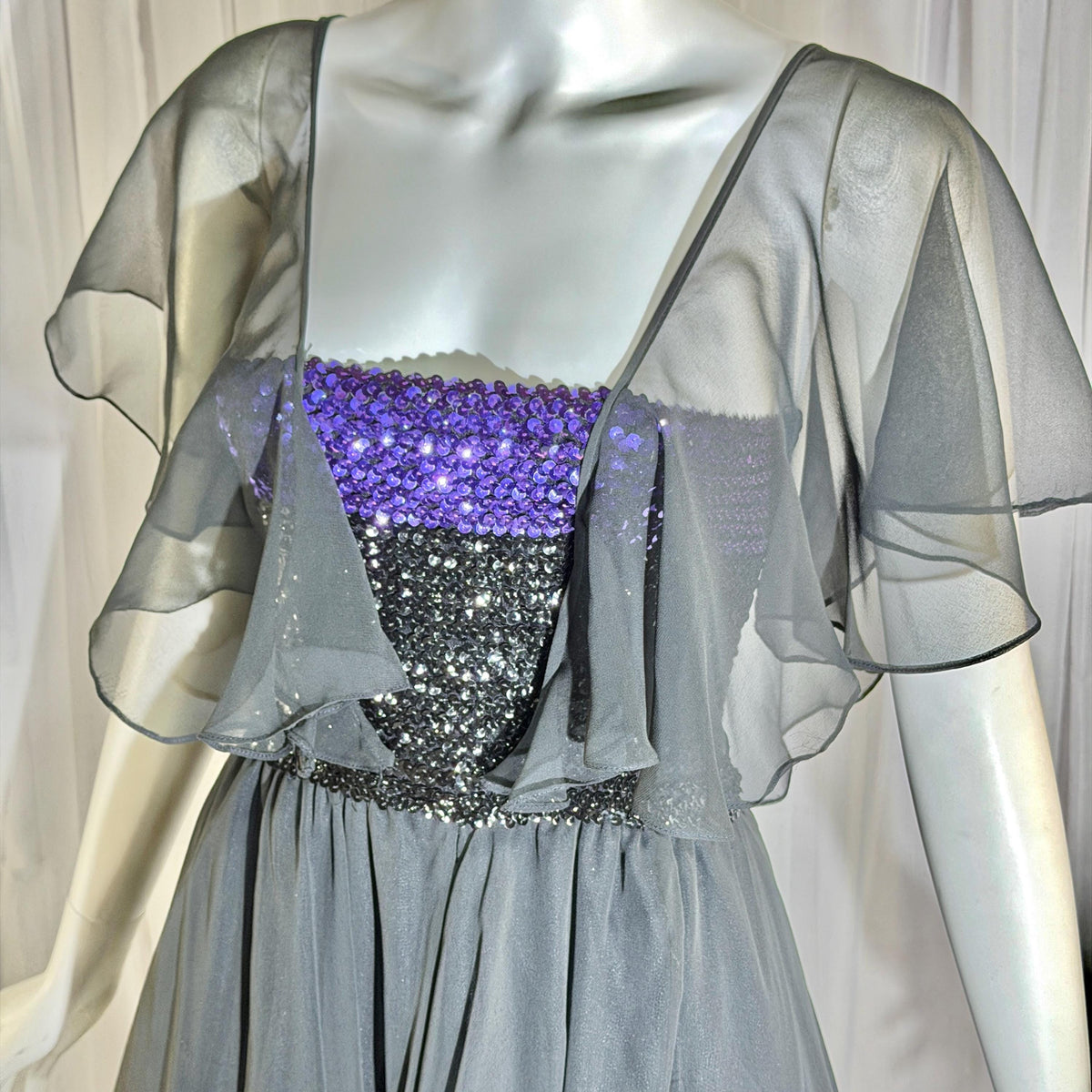 JEAN VARON, Made in England, vintage 1970s sequin and chiffon scarf evening dress