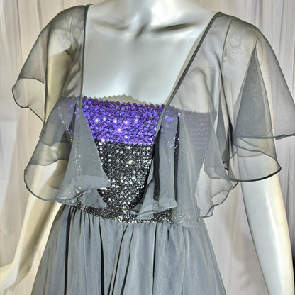 JEAN VARON, Made in England, vintage 1970s sequin and chiffon scarf evening dress