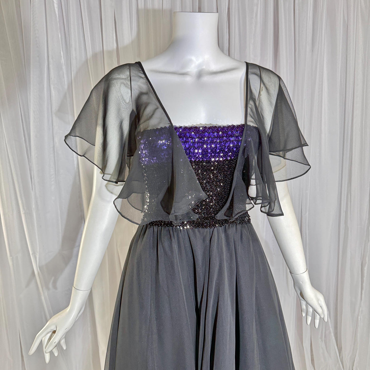 JEAN VARON, Made in England, vintage 1970s sequin and chiffon scarf evening dress