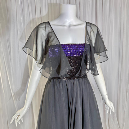 JEAN VARON, Made in England, vintage 1970s sequin and chiffon scarf evening dress