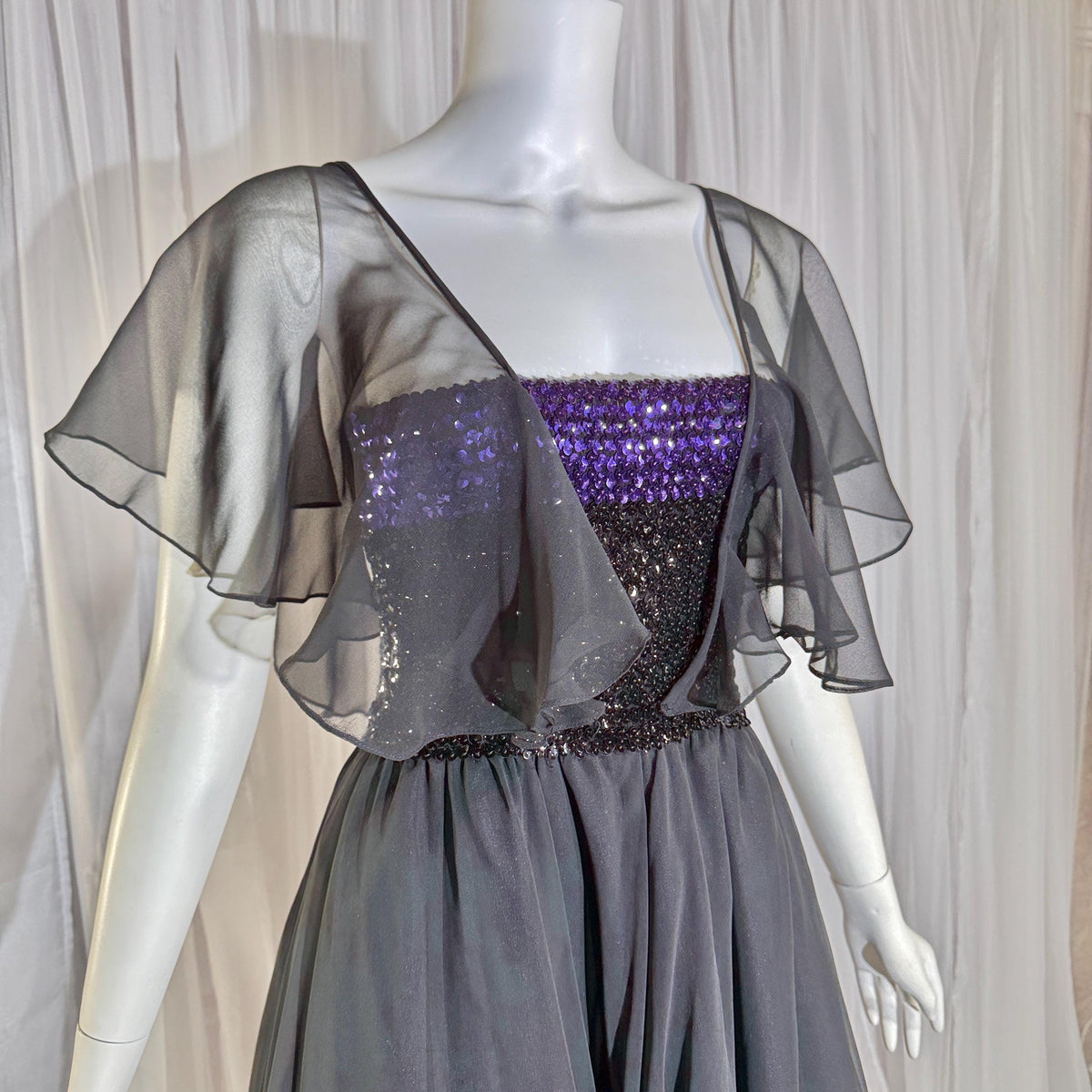 JEAN VARON, Made in England, vintage 1970s sequin and chiffon scarf evening dress