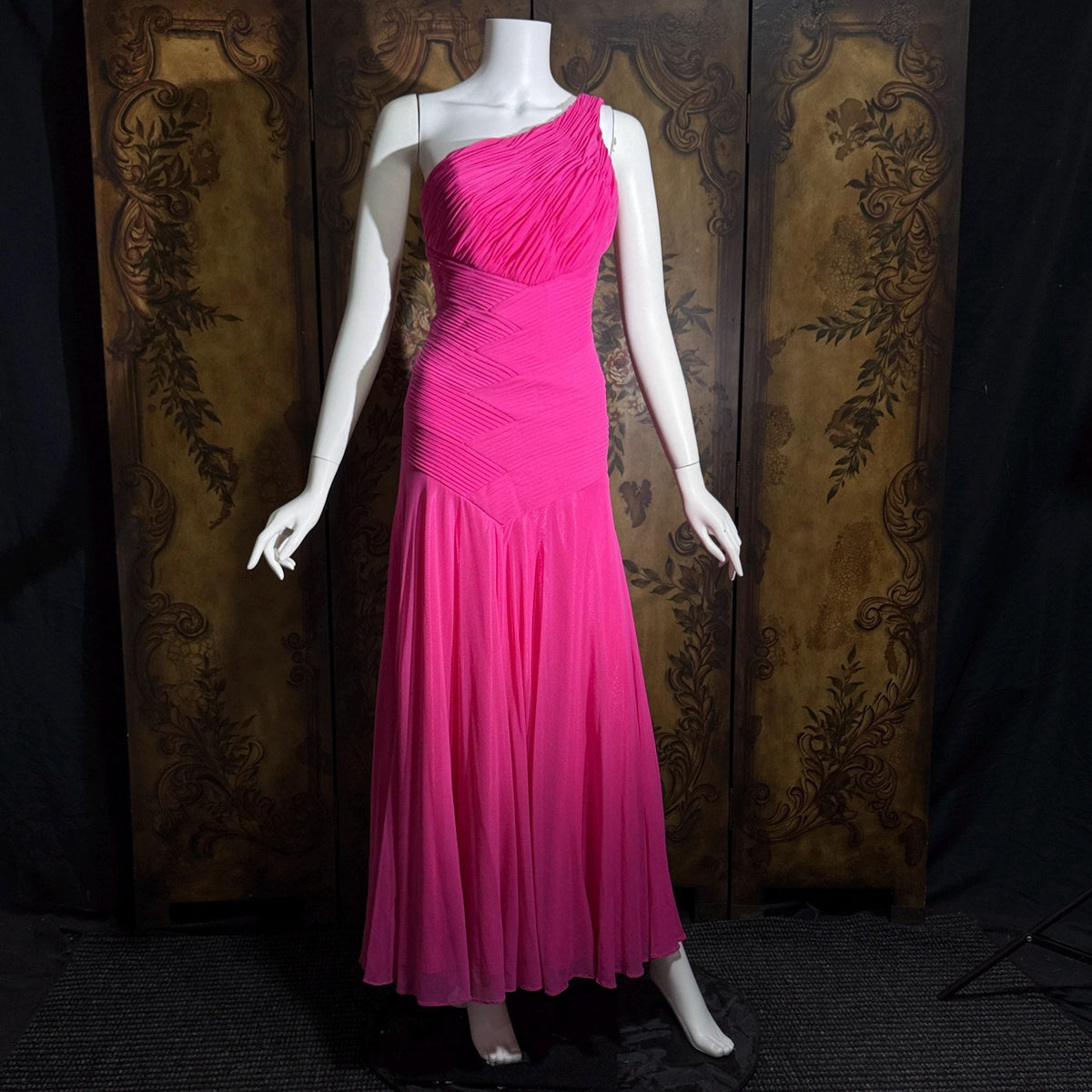Vintage Y2K SUE WONG Slip Dress, Hot Pink Nylon One Shoulder sheath gown