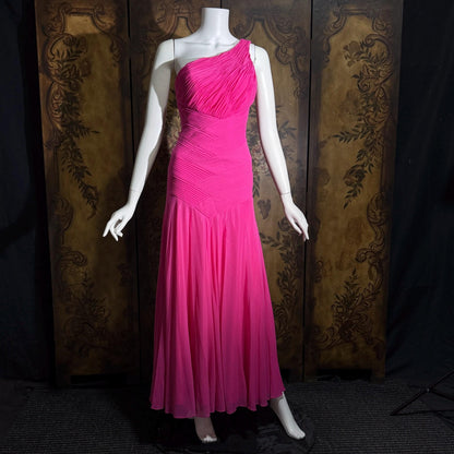 Vintage Y2K SUE WONG Slip Dress, Hot Pink Nylon One Shoulder sheath gown