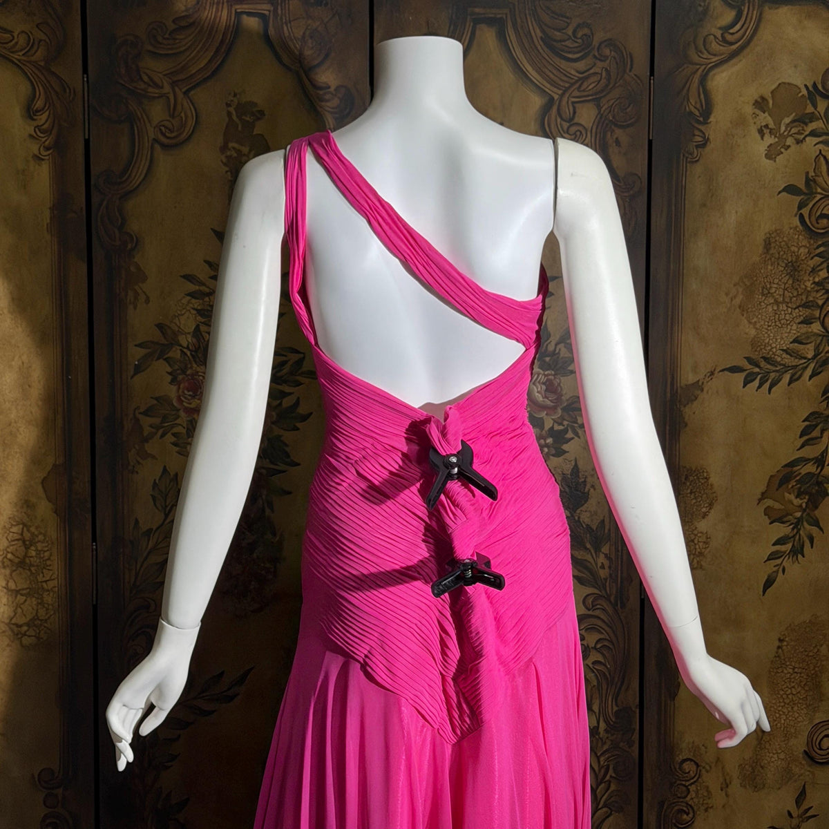 Vintage Y2K SUE WONG Slip Dress, Hot Pink Nylon One Shoulder sheath gown