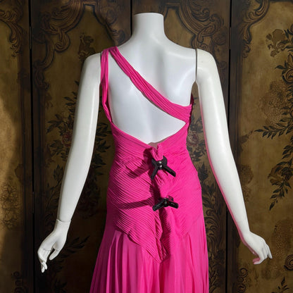 Vintage Y2K SUE WONG Slip Dress, Hot Pink Nylon One Shoulder sheath gown