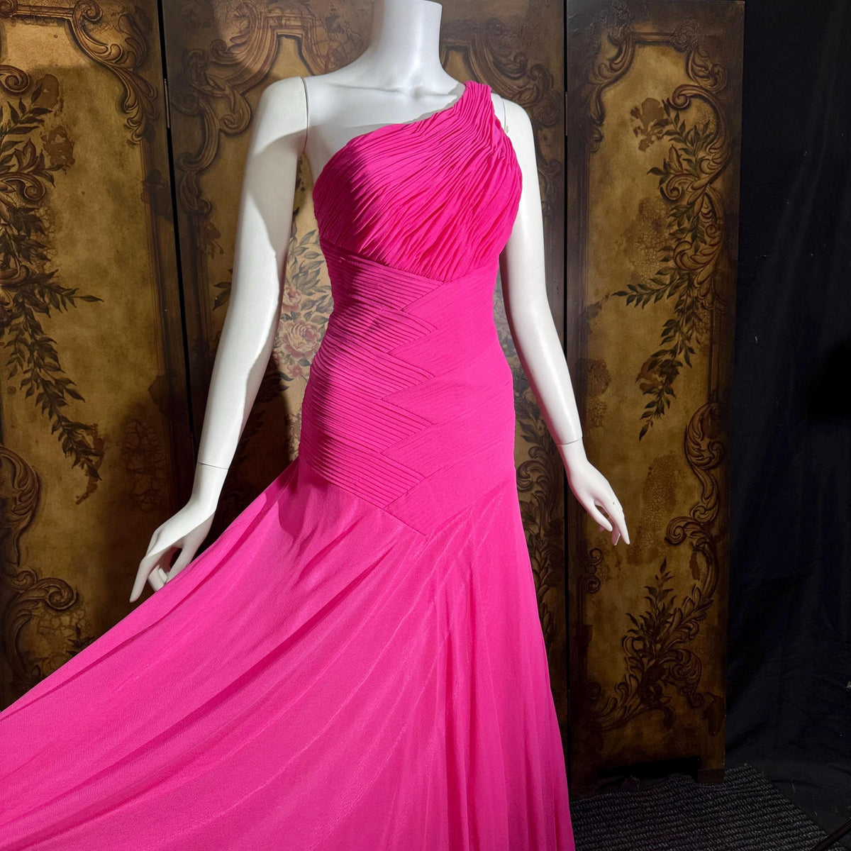 Vintage Y2K SUE WONG Slip Dress, Hot Pink Nylon One Shoulder sheath gown