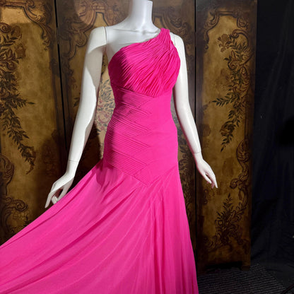 Vintage Y2K SUE WONG Slip Dress, Hot Pink Nylon One Shoulder sheath gown