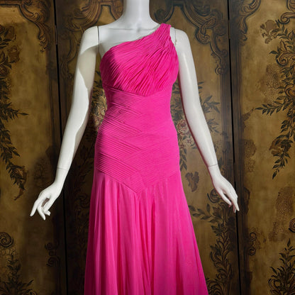 Vintage Y2K SUE WONG Slip Dress, Hot Pink Nylon One Shoulder sheath gown