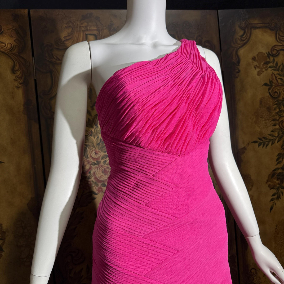 Vintage Y2K SUE WONG Slip Dress, Hot Pink Nylon One Shoulder sheath gown