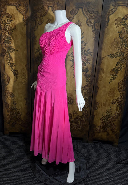 Vintage Y2K SUE WONG Slip Dress, Hot Pink Nylon One Shoulder sheath gown