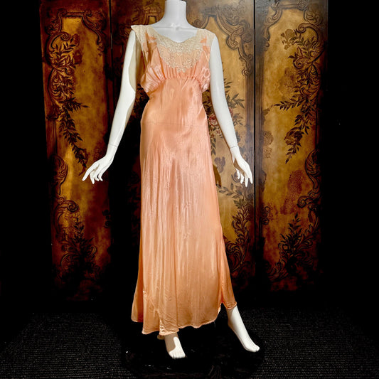 vintage nightgown slip dress, 1930s Peach bias cut lingerie dress medium