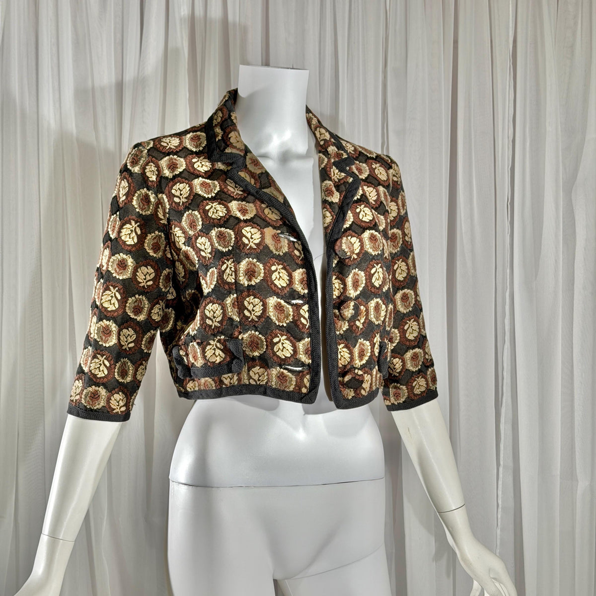 vintage 1950s cropped jacket shrug, GLORIA SWANSON brown black tapestry evening dinner top bolero