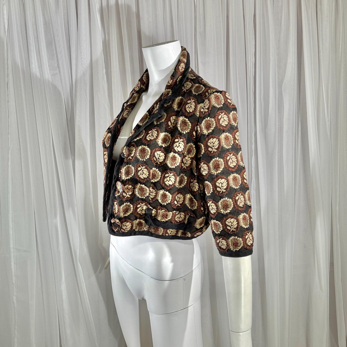 vintage 1950s cropped jacket shrug, GLORIA SWANSON brown black tapestry evening dinner top bolero