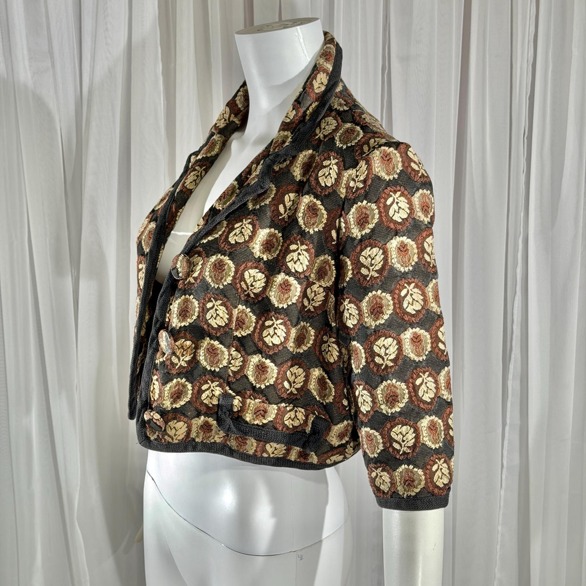 vintage 1950s cropped jacket shrug, GLORIA SWANSON brown black tapestry evening dinner top bolero