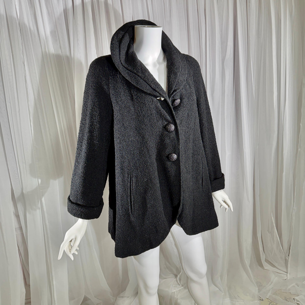 1940s vintage evening swing coat, black nubby wool jacket