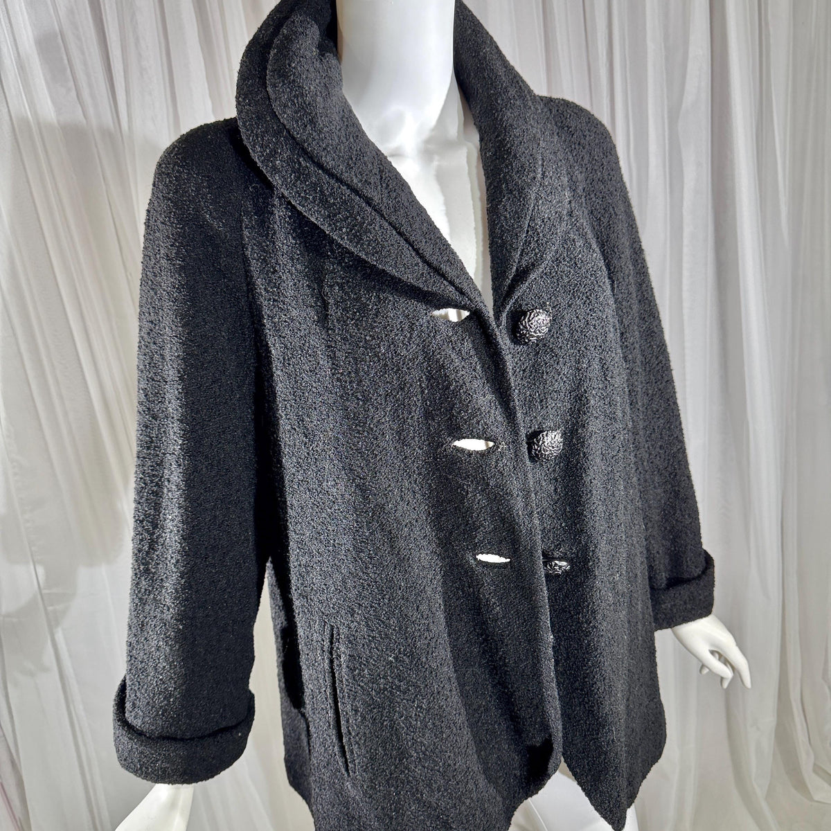 1940s vintage evening swing coat, black nubby wool jacket