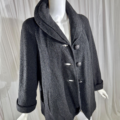 1940s vintage evening swing coat, black nubby wool jacket