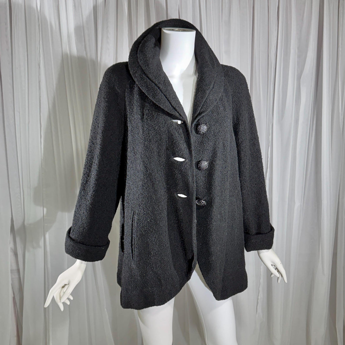 1940s vintage evening swing coat, black nubby wool jacket