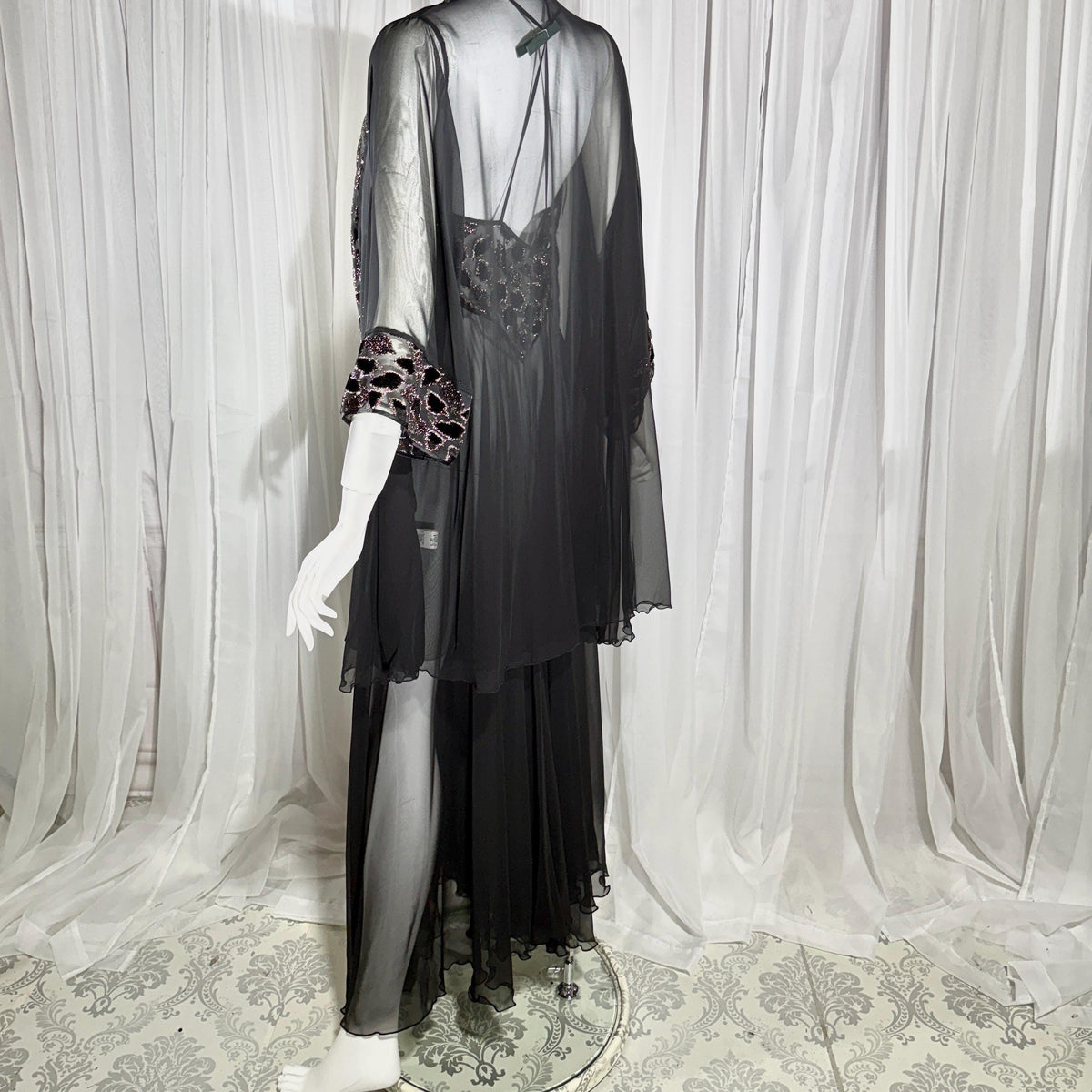 Vintage 1980s BOB MACKIE peignoir set, Sheer black burnout nightgown robe lingerie set