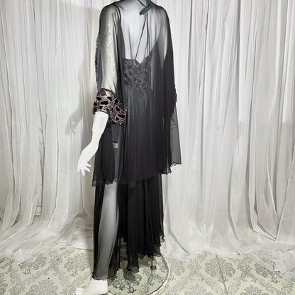 Vintage 1980s BOB MACKIE peignoir set, Sheer black burnout nightgown robe lingerie set