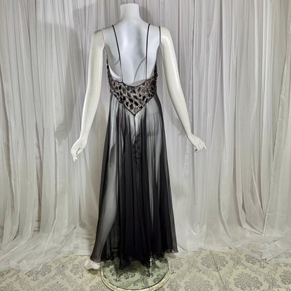 Vintage 1980s BOB MACKIE peignoir set, Sheer black burnout nightgown robe lingerie set