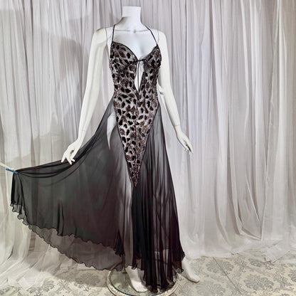 Vintage 1980s BOB MACKIE peignoir set, Sheer black burnout nightgown robe lingerie set