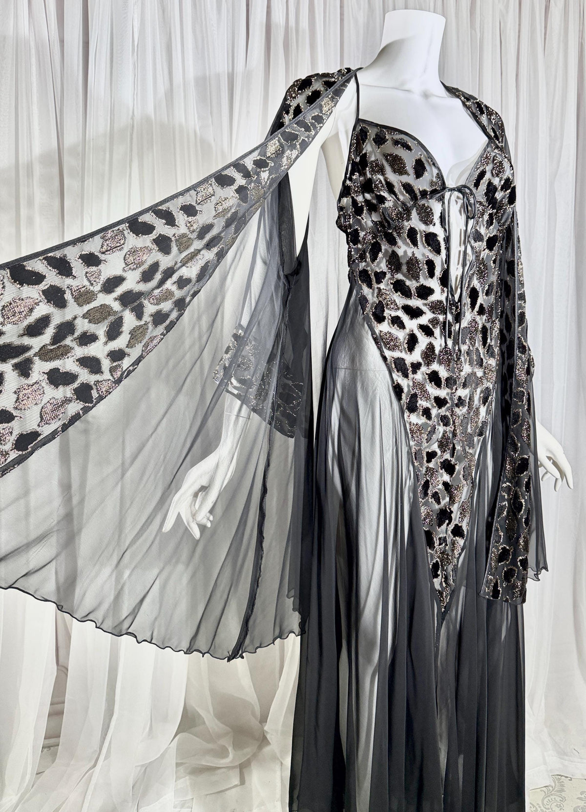 Vintage 1980s BOB MACKIE peignoir set, Sheer black burnout nightgown robe lingerie set