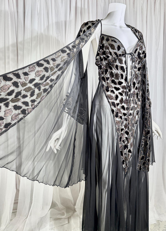 Vintage 1980s BOB MACKIE peignoir set, Sheer black burnout nightgown robe lingerie set