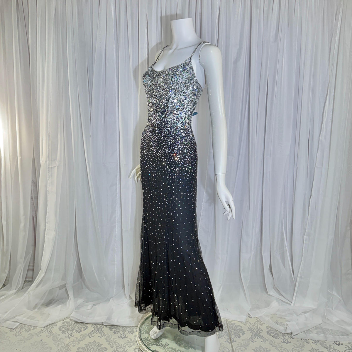 vintage 1980s RIAZEE BOUTIQUE evening dress gown, Lillie Rubin Black Silk Sequin Evening slip dress