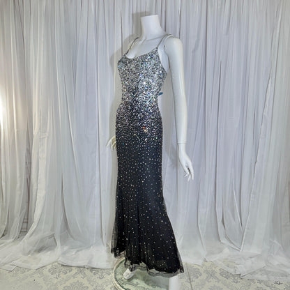 vintage 1980s RIAZEE BOUTIQUE evening dress gown, Lillie Rubin Black Silk Sequin Evening slip dress