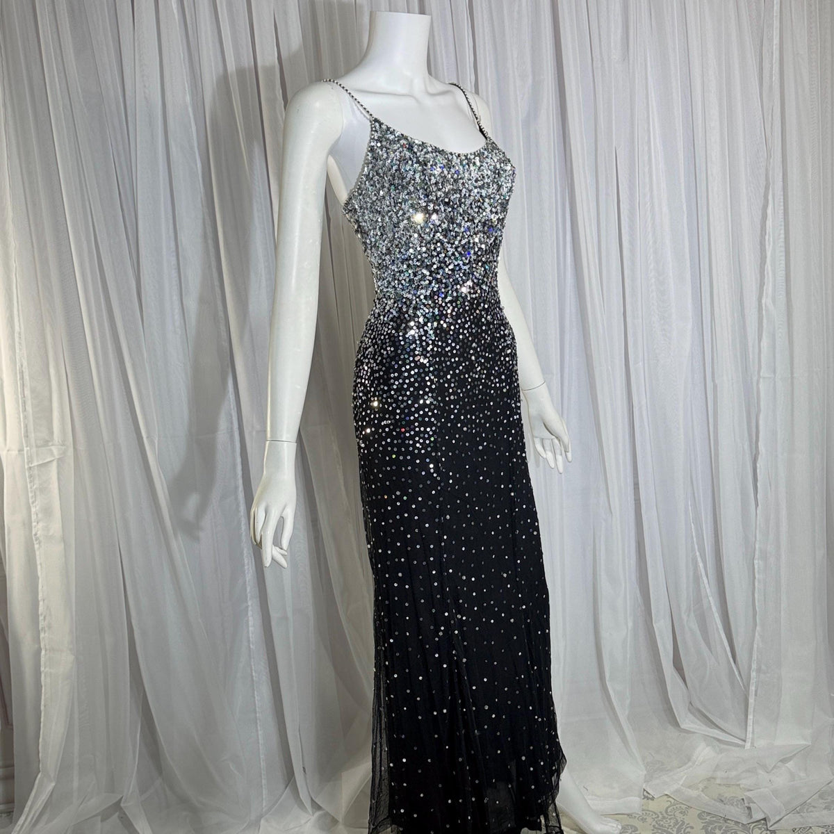 vintage 1980s RIAZEE BOUTIQUE evening dress gown, Lillie Rubin Black Silk Sequin Evening slip dress