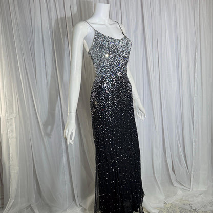 vintage 1980s RIAZEE BOUTIQUE evening dress gown, Lillie Rubin Black Silk Sequin Evening slip dress